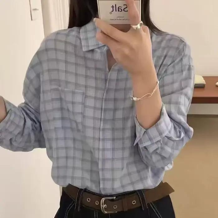 Chemises à carreaux pour femmes, chemise légère à manches longues boutonnée avec poche poitrine unique, hauts décontractés surdimensionnés, tenue printemps-été