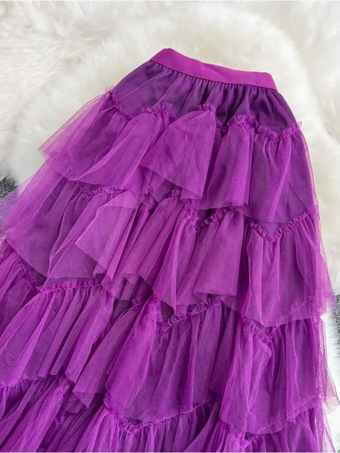 Tutu Tulle jupes longues femmes 2024 printemps coréen solide une ligne taille haute maille à plusieurs niveaux Maxi jupe femme Faldas esthétique