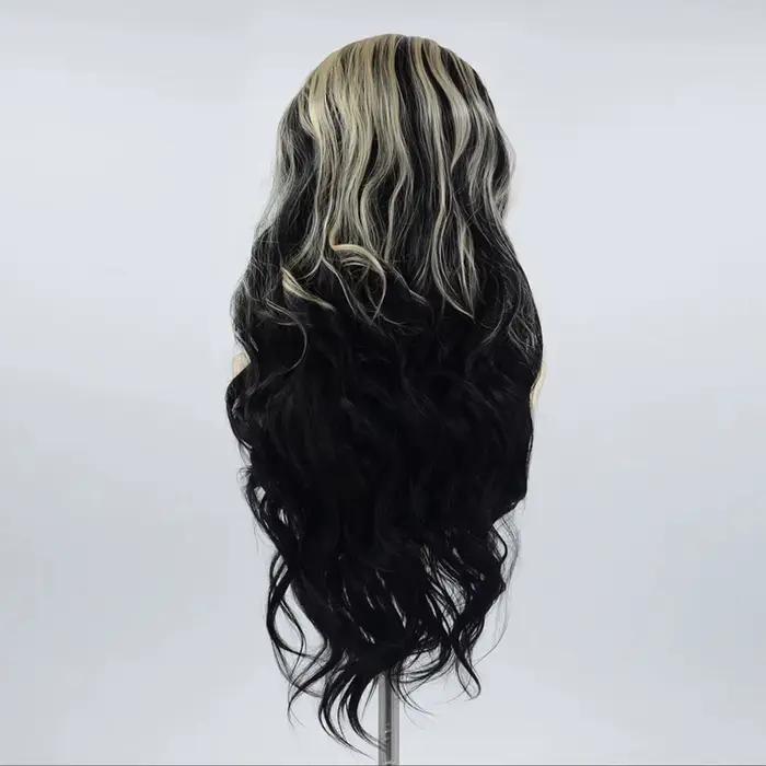 Perruque noire avec mèches blondes 13x4, longue perruque synthétique à ondulations naturelles avec dentelle frontale, pour usage quotidien, Halloween et cosplay