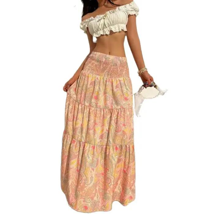 Jupe longue bohème taille haute à imprimé floral pour femme – Nouvelle collection été