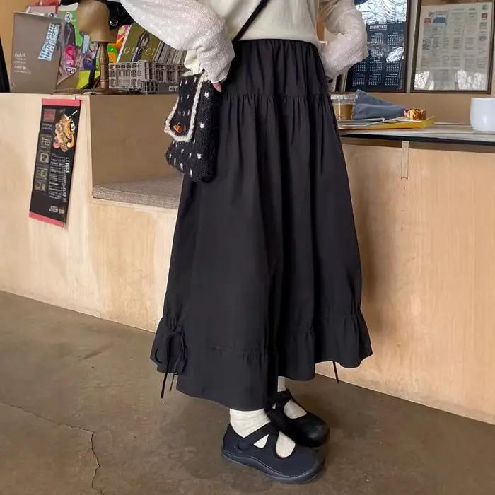 Jupe noire plissée à volants, Style fille Mori japonais, Vintage, Simple, douce Kawaii, ligne a, taille élastique, marron, longue pour femmes