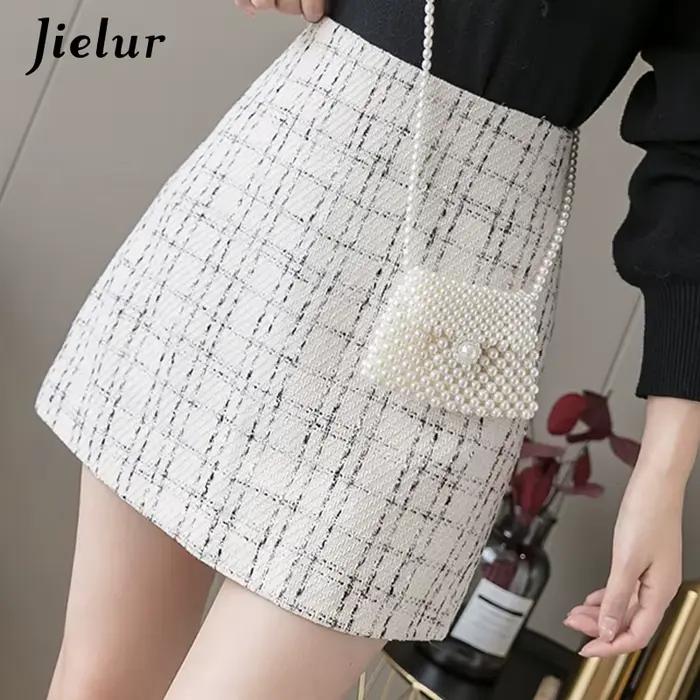 Jielur Femmes Jupe A-ligne Slim Taille Haute Fermeture Éclair Automne Hiver Noir Mini Jupes