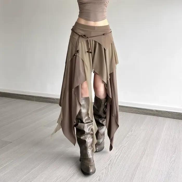 Jupe asymétrique bohème taille haute pour femme, ourlet irrégulier, fluide, style gothique, superposée, style punk, pour l'été