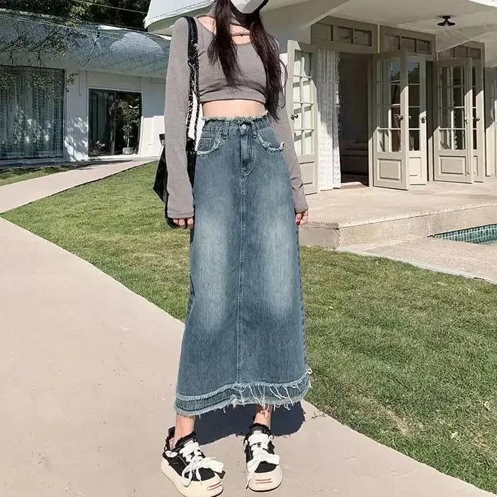 Jupes en jean pour femmes bleu taille haute frange femme jupe