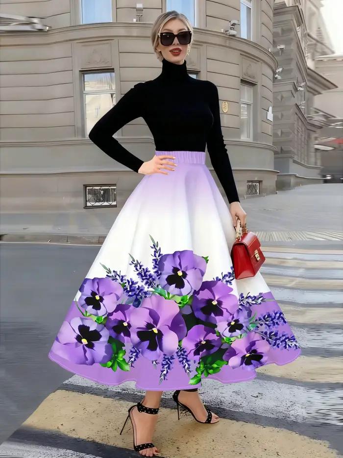 Jupe midi à imprimé floral violet avec feuilles vertes et centre noir