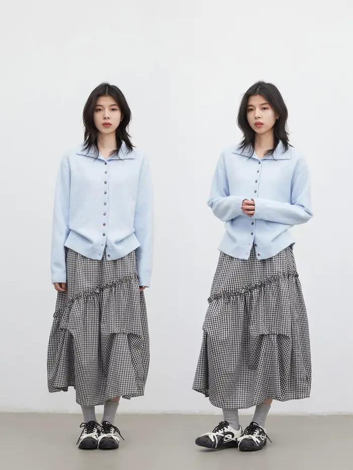 Jupe Femme Chic VEN Taille Haute Coupe Trapèze à Volants Motif Carreaux Noir et Blanc Printemps-Été 2026