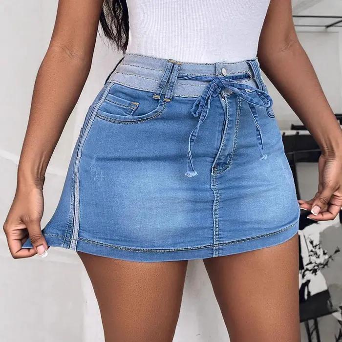Jupe courte en jean pour femme, coupe trapèze, ajustée, avec lacets, élégante, style Y2K, streetwear, sexy, pour le travail, la plage, le printemps