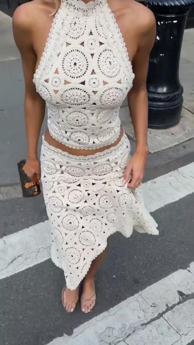 Ensemble jupe et haut élégant en crochet ajouré pour femme