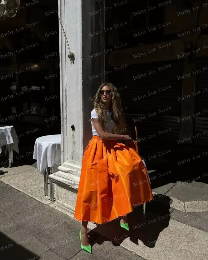 Décontracté Orange Satin jupe Midi cheville longueur femmes jupes sur mesure