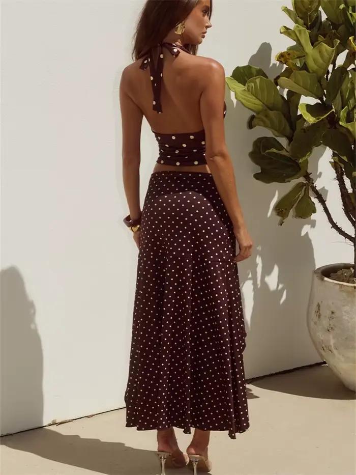 Ensemble jupe à pois deux pièces pour femme : haut sans manches à col en V et mini-jupe taille haute – Tenue sexy et