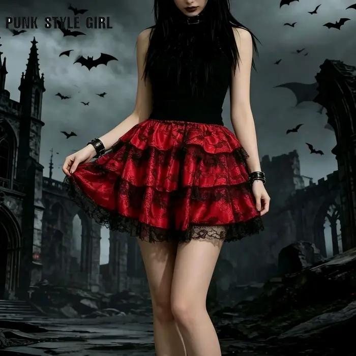 Jupe plissée mini en tulle et dentelle florale pour femme, noire, rouge, verte, violette, style grunge steampunk, superposée et à volants, pour déguisement