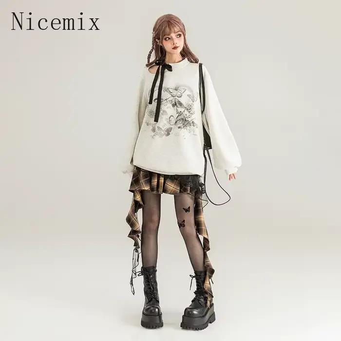 Jupe à carreaux brodée papillon pour femme