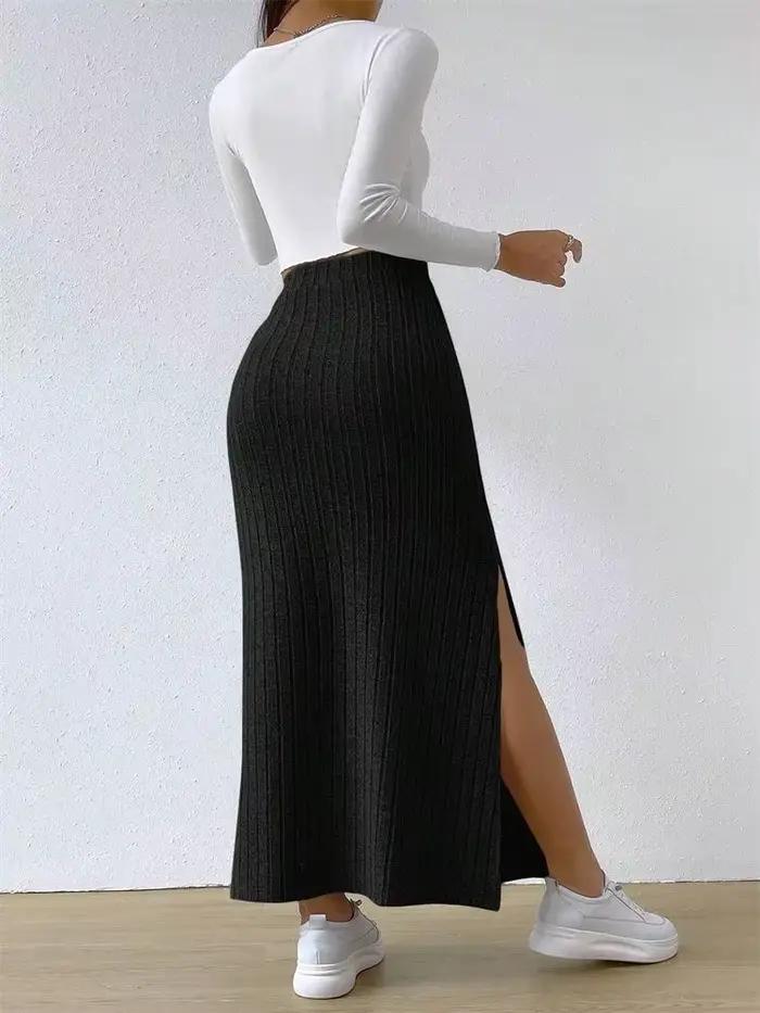 Femmes côtelé côté fendu Maxi jupe automne printemps décontracté élégant taille haute