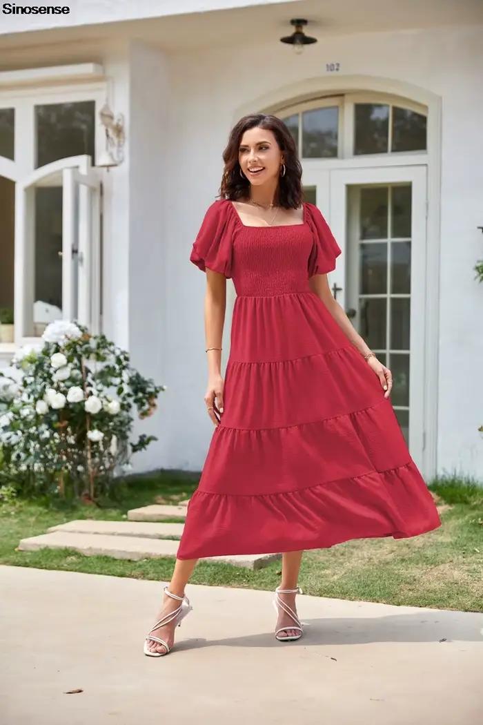 Robe Maxi Smockée à Plusieurs Niveaux pour Femme, Manches Courtes Bouffantes, Col Carré, Style Boho, Plage, Fluide, Ligne A, Longue, Invité de Mariage, Robe de Soirée, Été
