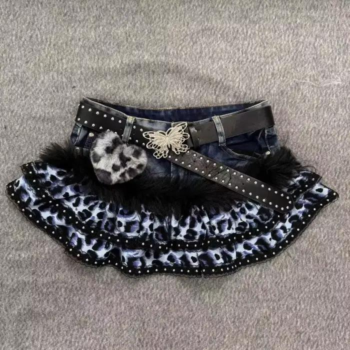 Jupe en jean imprimée léopard noir et blanc vintage Y2K pour femmes