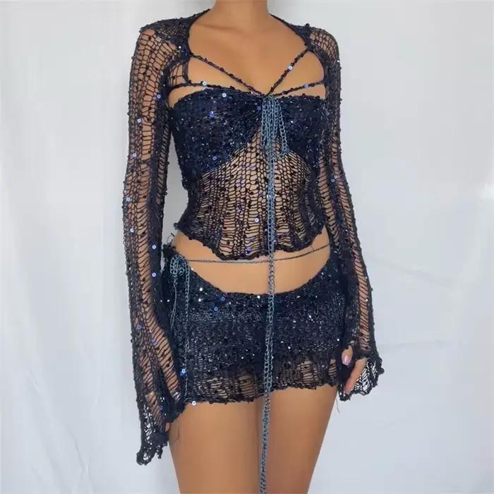 Ensemble haut et mini jupe à paillettes scintillantes pour femmes