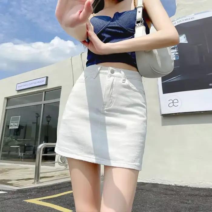 Xpqbb blanc Denim jupes femmes printemps été coréen taille haute paquet hanche jupe femme décontracté Simple sauvage