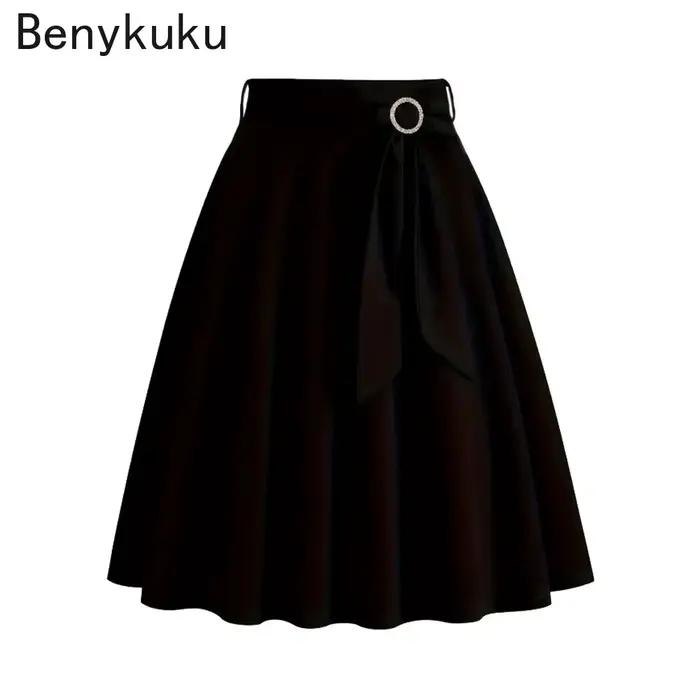 Femmes Bow Front A-Line solide rouge noir Jupe années 1950 Vintage femme vêtements 2025 été taille haute