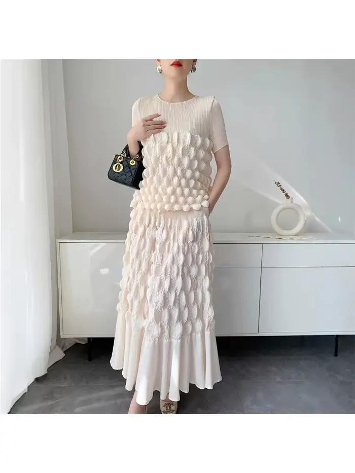 Ensemble Miyake Jupe à Bulles Pliée à la Main Haut à Manches Courtes Style Bohème Nouvelle Collection Printemps Été 2025 Occasions Spéciales Femmes