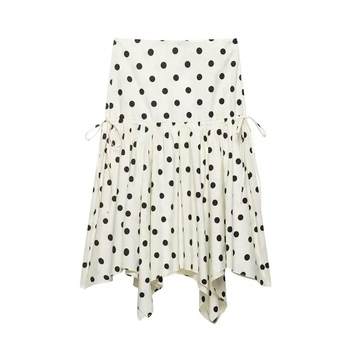 Jupe mi-longue décontractée pour femme, style vintage à pois, ourlet asymétrique, taille haute, cordon de serrage, fluide, blanc et noir, streetwear