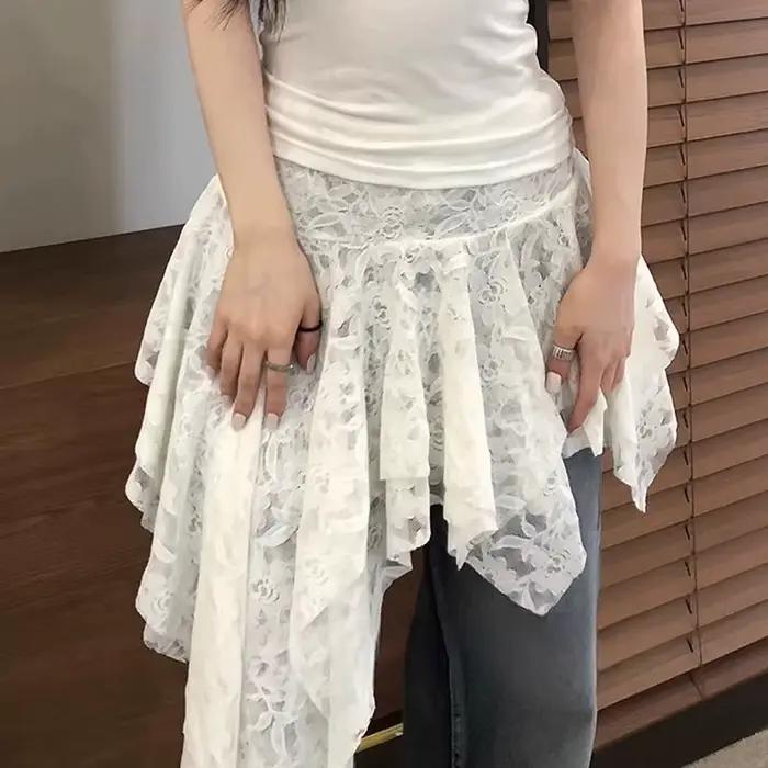 Jupe décontractée polyvalente en dentelle irrégulière au design au crochet motif rose superposé