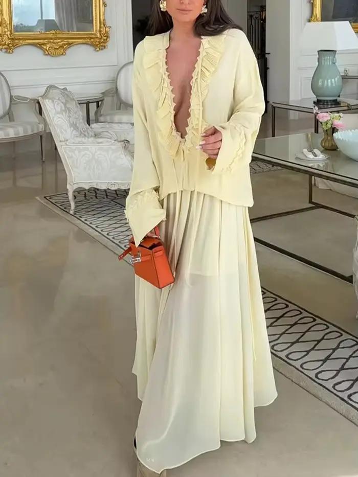 HH mode femmes jaune en mousseline de soie chemise jupe ensemble été à plusieurs niveaux décoration à lacets chemises +
