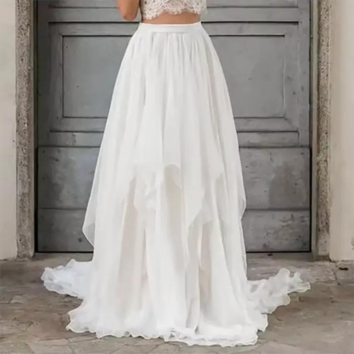 Robe De Mariée Deux Pièces Bohème Dentelle Sexy Jupe Longue En Mousseline Plage Jardin Été Haut Court Sans Manches Traîne Robes De Mariage Élégantes Romantiques Pour Les Mariées Grande Taille Blanches