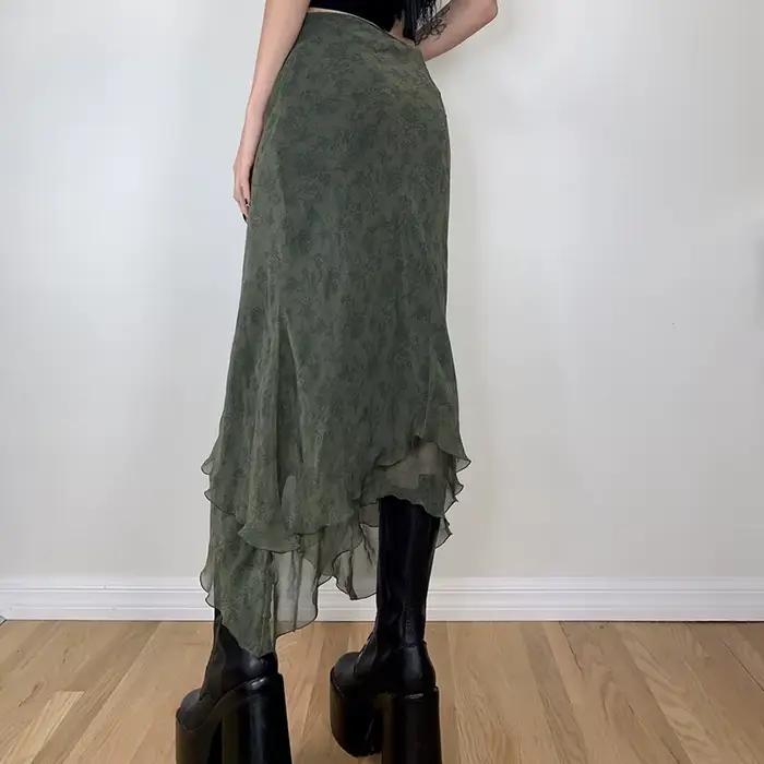 Fairycore-Jupe mi-longue en mousseline de soie à volants taille haute pour femme