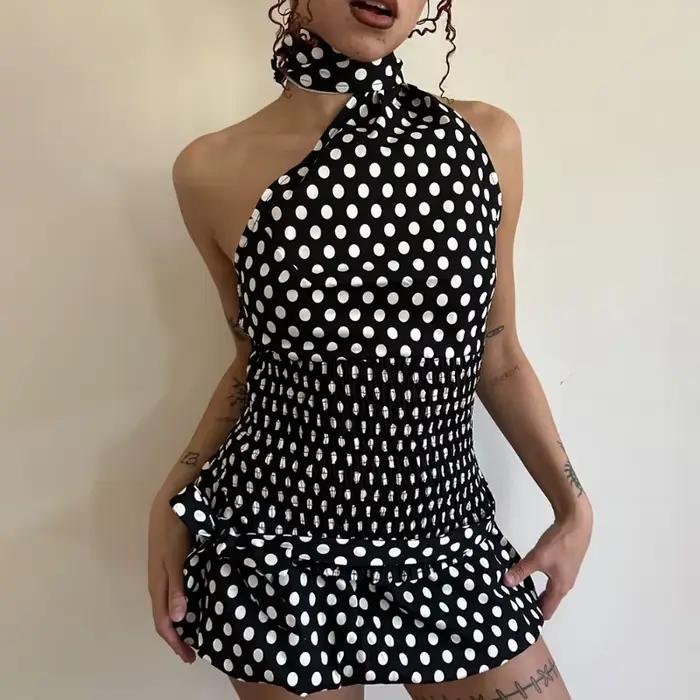 Talenza nœud papillon jupe courte deux pièces femmes Sexy bretelles à pois cravate haut à volants