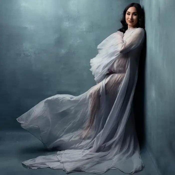 Robe en Tulle doux à manches longues, Style Simple, vêtements pour femmes enceintes, longueur au sol, robe longue à queue, robes de séance Photo de maternité
