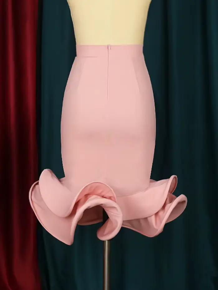 Jupe trompent rose taille haute pour femme, jupe évasée sexy GT, gaine en queue de poisson, volants élégants, fête, événement, occasion, 2024
