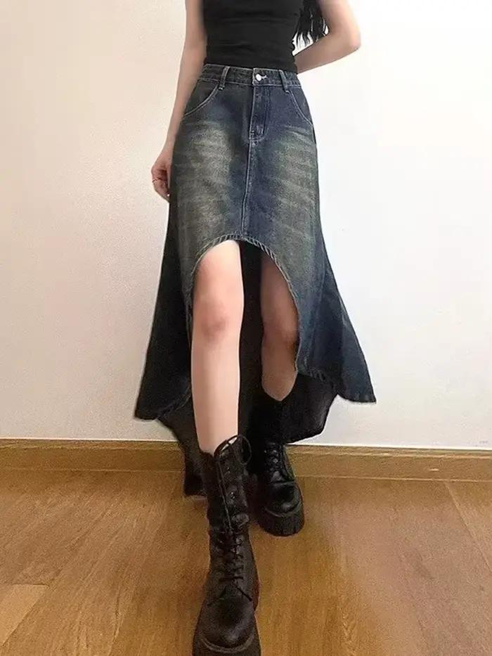 Streetwear rétro Denim jupes femmes été bouton taille haute irrégulière sirène Vintage poches décontractées dame jean jupe longue