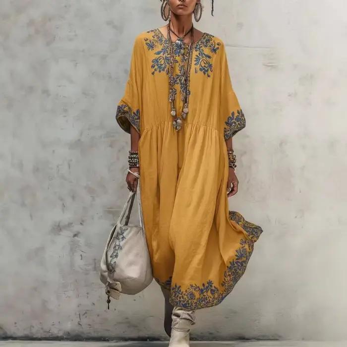 Robe longue ample à imprimé floral ethnique rétro, élégante pour l'été, col rond, taille haute, pour les fêtes, décontractée, à manches mi-longues, style bohème