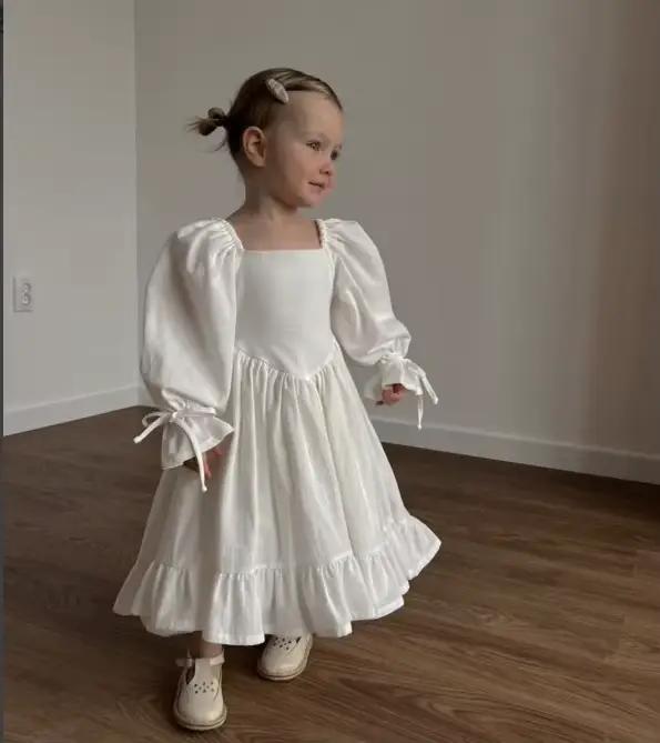 Jupe Lolita en coton et lin pour enfants, robe de princesse simple, col monochrome, rétro