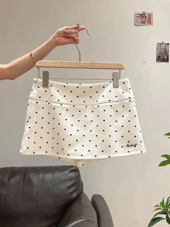 Nouvelle Mini-jupe Femme à Pois Mignons Blancs