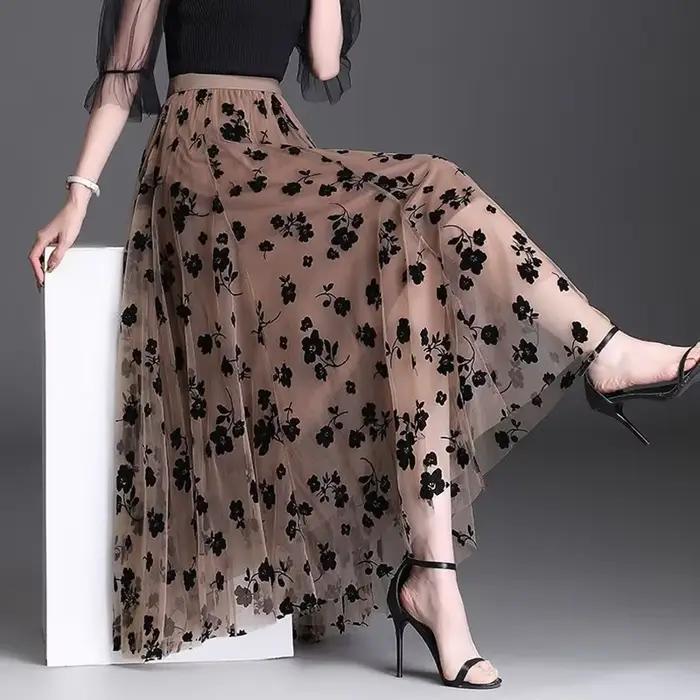 Nouvelle Jupe Midi Plissée en Tulle Fleuri pour Femme