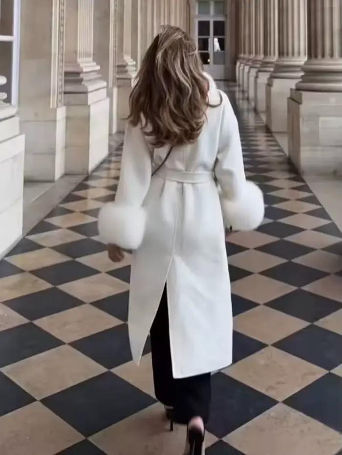 HH femme mode polyvalent fausse fourrure effet revers manches longues ceinture décoration Long manteau femme hiver décontracté déplacements pardessus