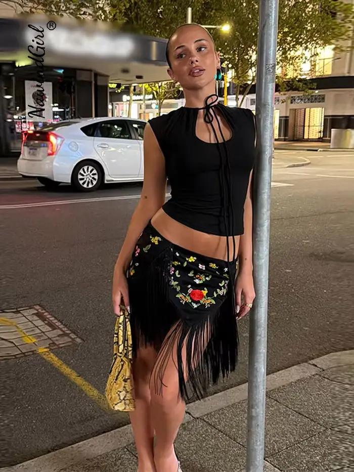Jupe Courte Irrégulière Chic pour Femme avec Broderie et Franges