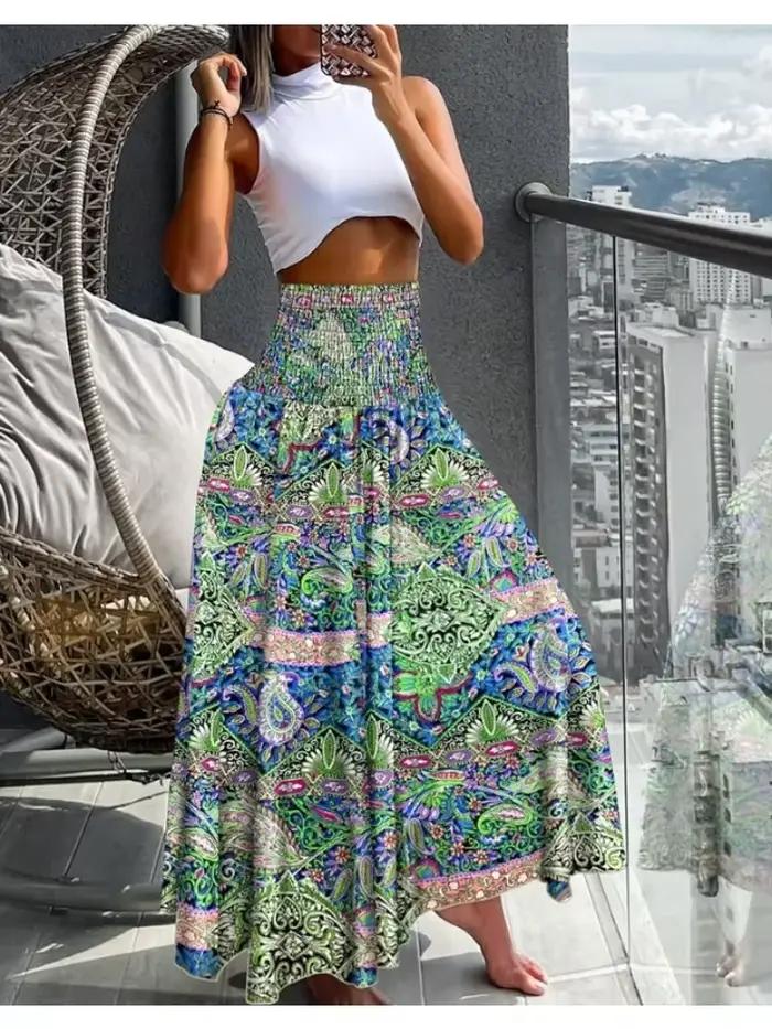 Grande taille femmes mode imprimé fleuri plis bohème élastique