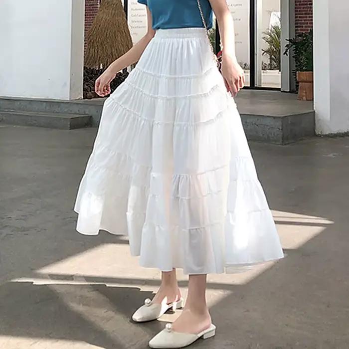 Qiukichonson-Jupe mi-longue en mousseline de soie pour femme, jupes d'été mignonnes, coutures à froufrous, taille haute, ligne A, volants, blanc, noir, mode