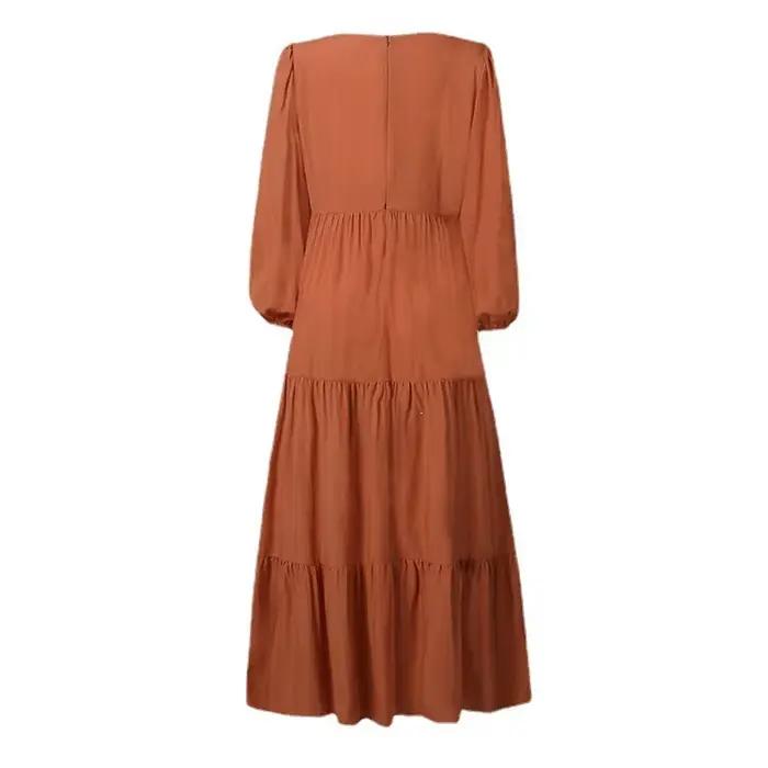 Robe midi élégante à manches longues style urbain pour femme, collection automne, en tissu polyester marron et noir, col rond, avec large ourlet