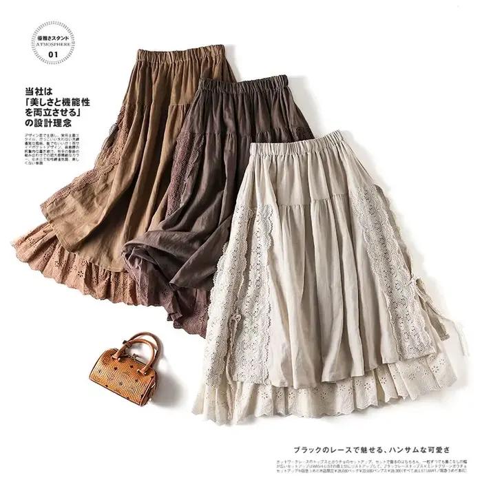 Vintage Chic broderie lin coton jupes longues femmes été élastique taille haute plissée Maxi jupe femme élégante a-ligne