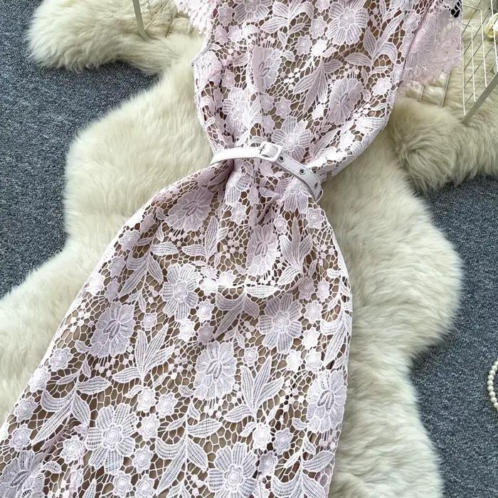 Robe longue rose pour femme avec col à revers