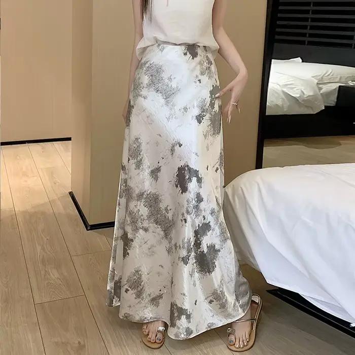 Jupe sirène en satin imprimée vintage taille haute pour femme