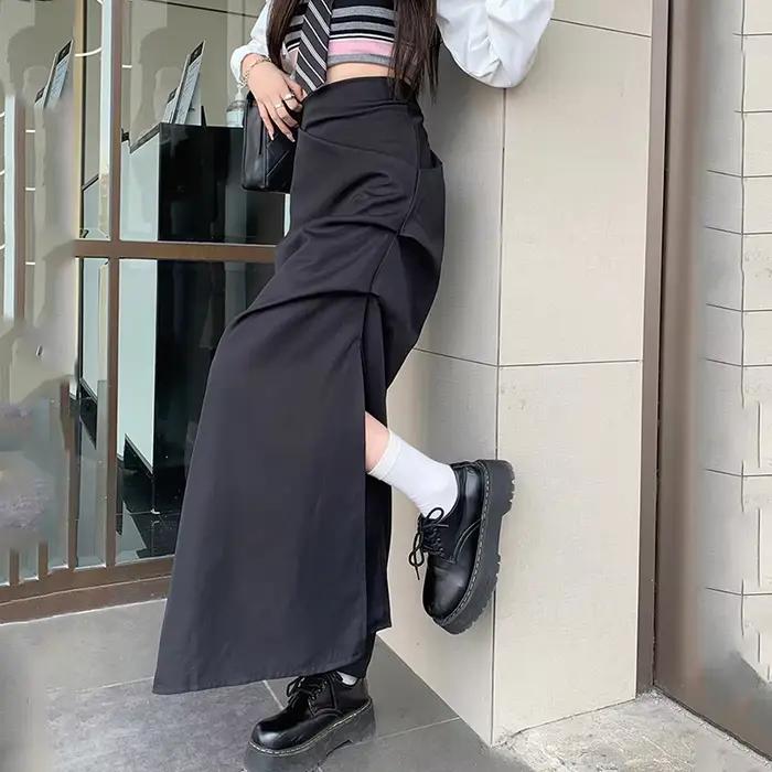 Streetwear fendu Cargo jupes longues femmes Vintage gothique taille haute jupe plissée femme 2025 été fermeture éclair