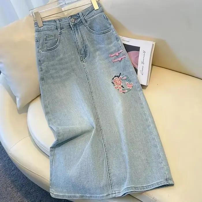 Jupe en jean mi-longue taille haute pour femme