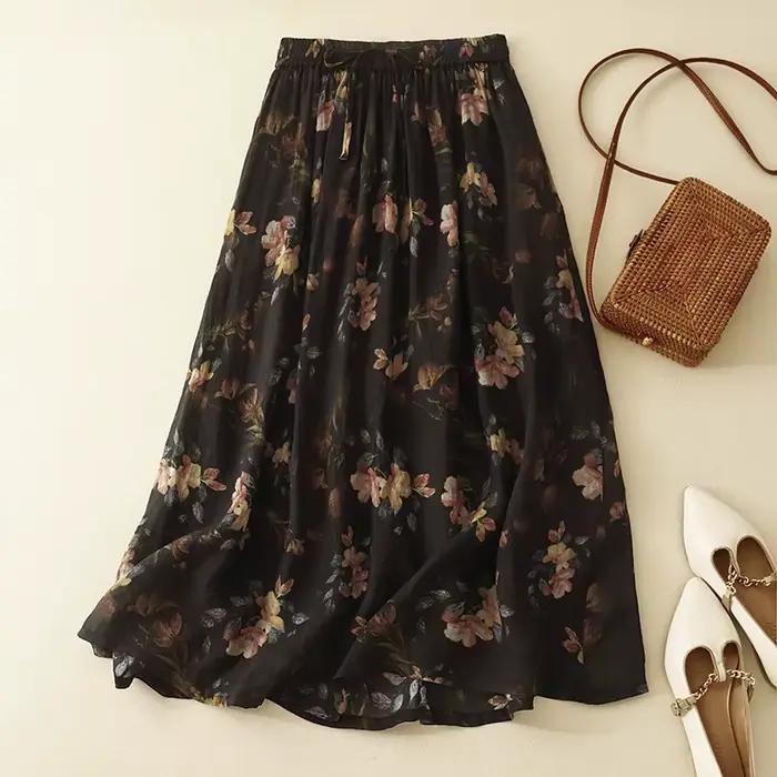 Jupe taille haute imprimée double couche en coton et lin pour femmes