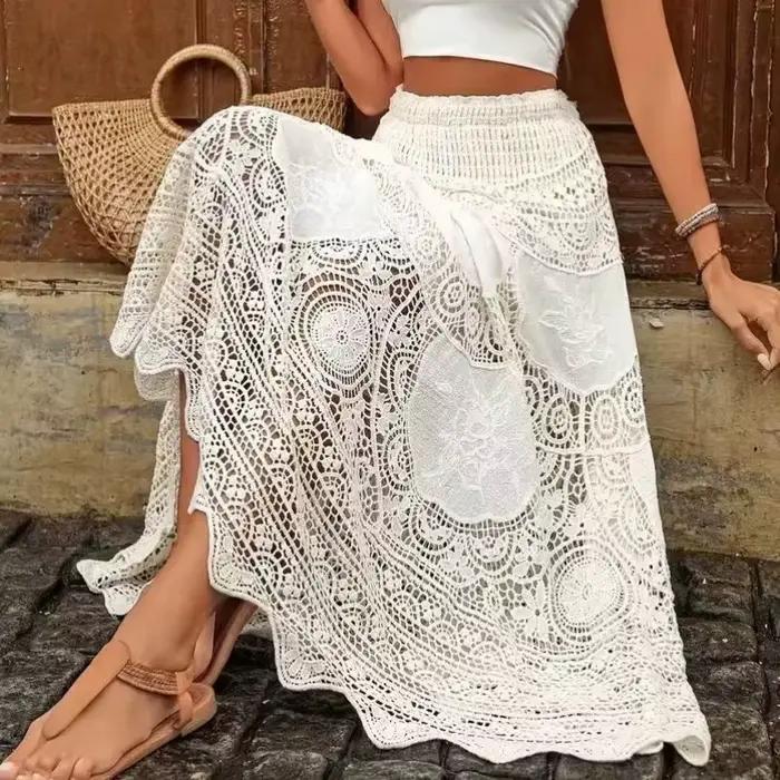 Jupe longue en dentelle crochetée, taille élastique, ajourée et brodée, style bohème, pour la plage, les festivals, tenue d'été bohème pour femme, idéale pour les vacances.