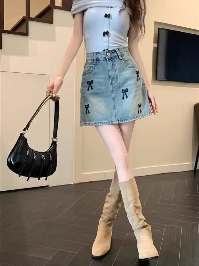 Jupe en jean brodée bleue pour femmes, taille haute, courte, Streetwear, qualité supérieure, Style coréen, Vintage Y2k