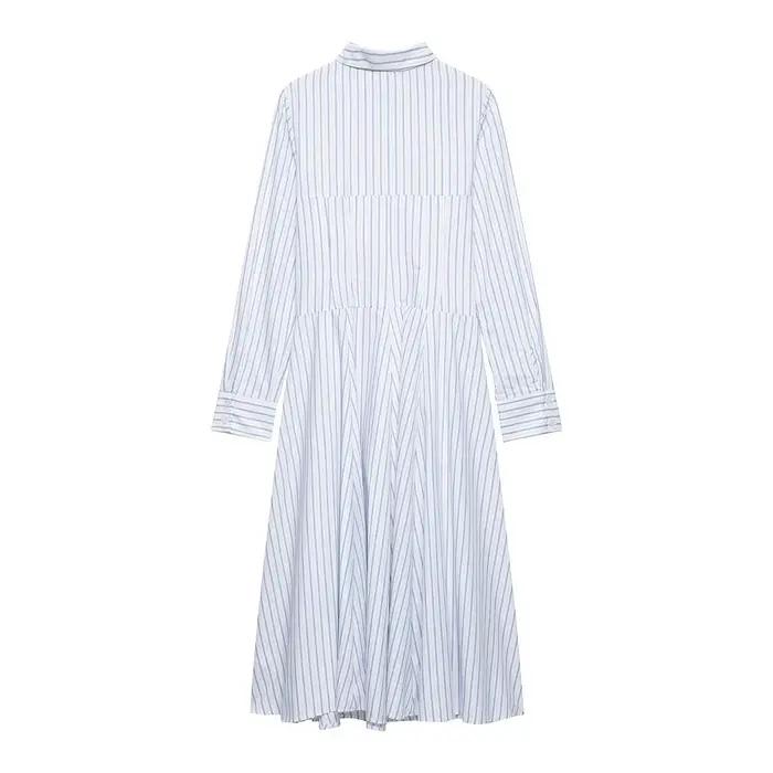 Robe midi style chemise rayée SAW Independent Station Nouvelle Arrivée Élégante Streetwear Polyester Manches Longues Col Polo Coupe A-Lin...
